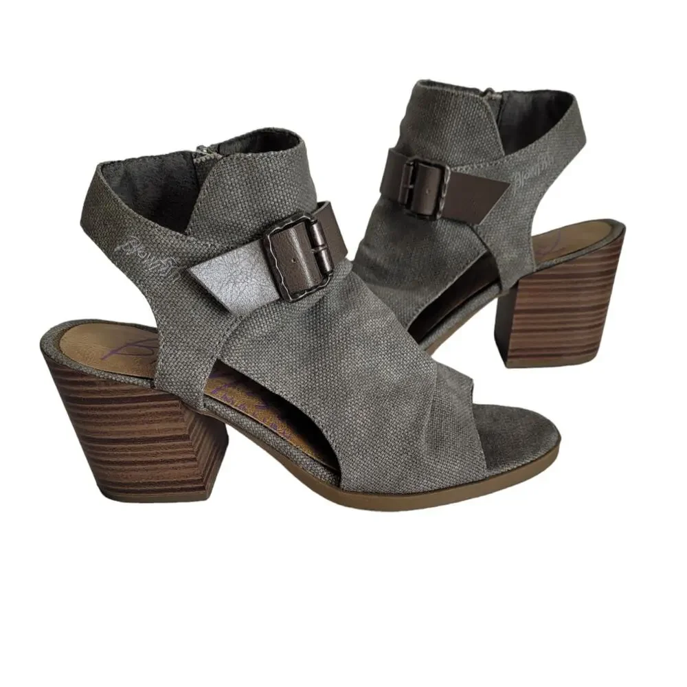 Blowfish Women's Soft Canvas Open Toe Chunky Block Heel Bootie Size 8.5 Tan